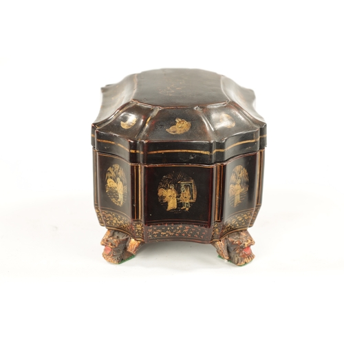 130 - A 19TH CENTURY CHINESE EXPORT CHINOISERIE TEA CADDY shaped concave form decorated with pagoda and fi... 