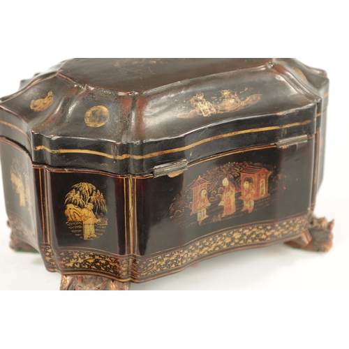 130 - A 19TH CENTURY CHINESE EXPORT CHINOISERIE TEA CADDY shaped concave form decorated with pagoda and fi... 