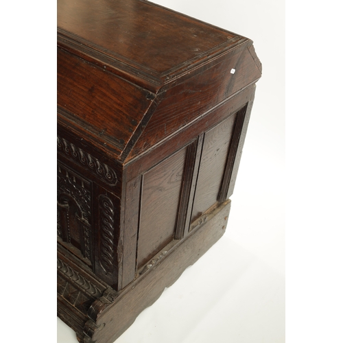 132 - AN EARLY 18TH CENTURY FLEMISH OAK KIST DATED 1718 having superb colour and patina with carved arcade... 