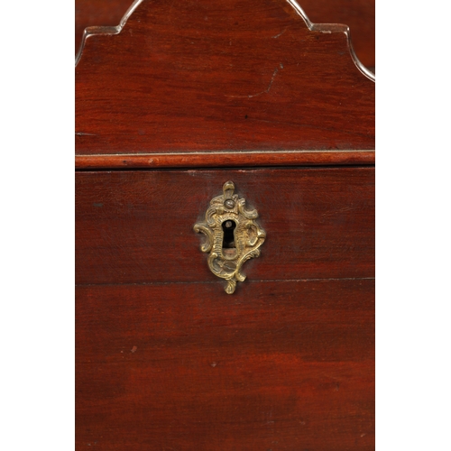 133 - A RARE GEORGE III MAHOGANY BUTLERS BOTTLE CARRIER with hinged compartment top revealing a cellerette... 