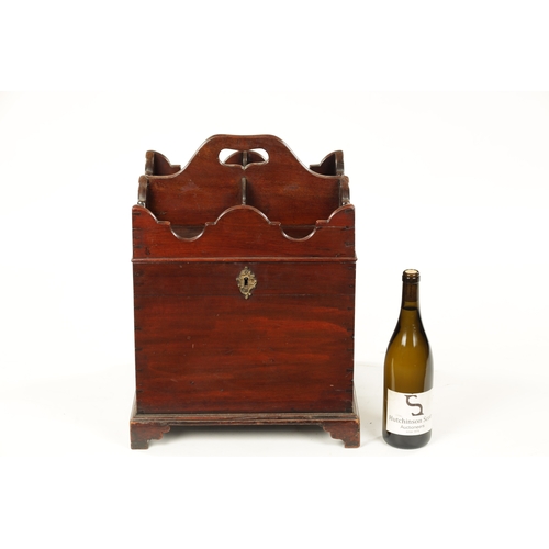 133 - A RARE GEORGE III MAHOGANY BUTLERS BOTTLE CARRIER with hinged compartment top revealing a cellerette... 