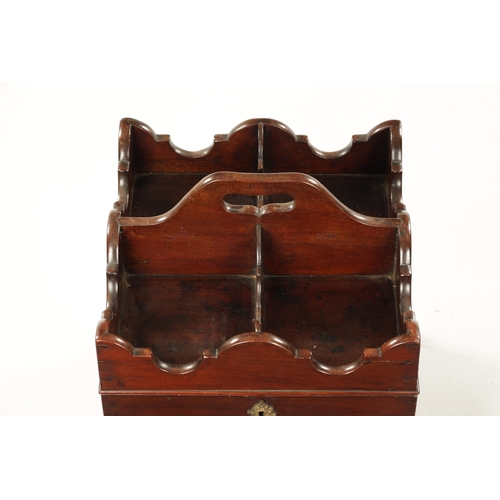 133 - A RARE GEORGE III MAHOGANY BUTLERS BOTTLE CARRIER with hinged compartment top revealing a cellerette... 