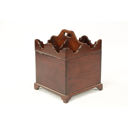 133 - A RARE GEORGE III MAHOGANY BUTLERS BOTTLE CARRIER with hinged compartment top revealing a cellerette... 