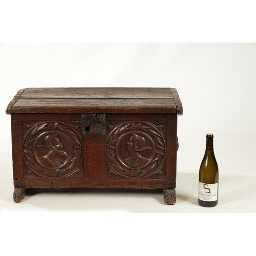 135 - A RARE 16TH CENTURY OAK TUDOR PERIOD COFFER OF SMALL SIZE with a double carved panel front depicting... 