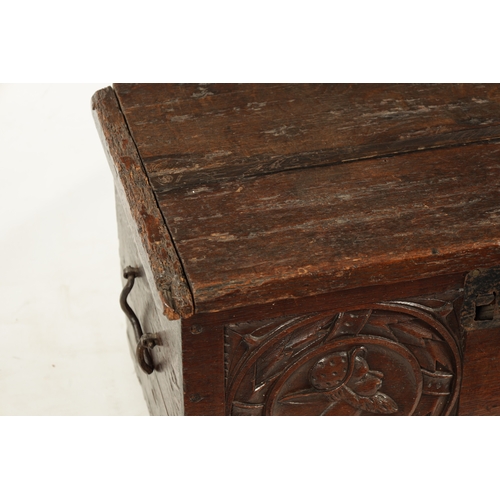 135 - A RARE 16TH CENTURY OAK TUDOR PERIOD COFFER OF SMALL SIZE with a double carved panel front depicting... 