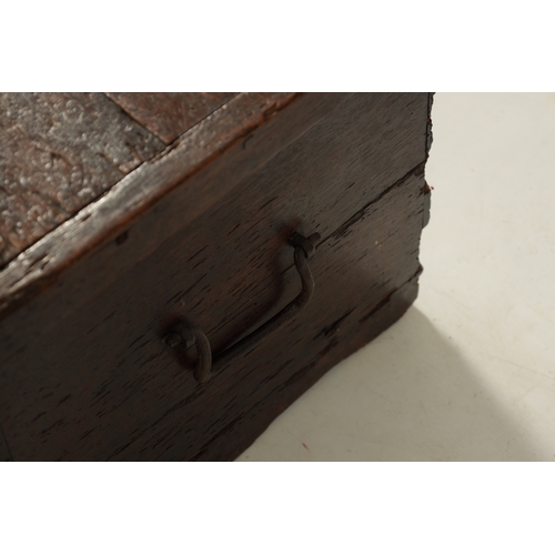 135 - A RARE 16TH CENTURY OAK TUDOR PERIOD COFFER OF SMALL SIZE with a double carved panel front depicting... 