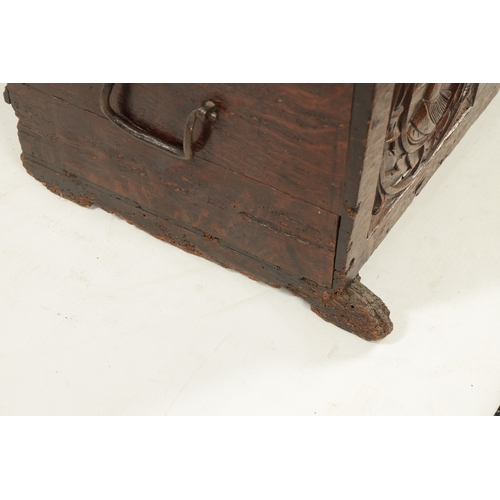 135 - A RARE 16TH CENTURY OAK TUDOR PERIOD COFFER OF SMALL SIZE with a double carved panel front depicting... 