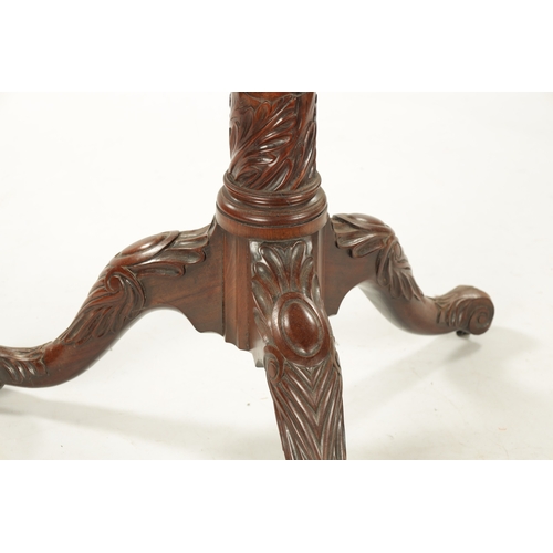 136 - AN UNUSUAL 18TH CENTURY IRISH LARGE MAHOGANY TRIPOD TABLE WITH CARVED LEGS AND SCROLL FEET (93cm dia... 