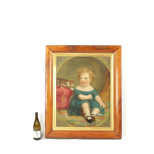 138 - A 19TH CENTURY OIL ON CANVAS depicting a young girl playing with a cat - mounted in cushioned bird's... 