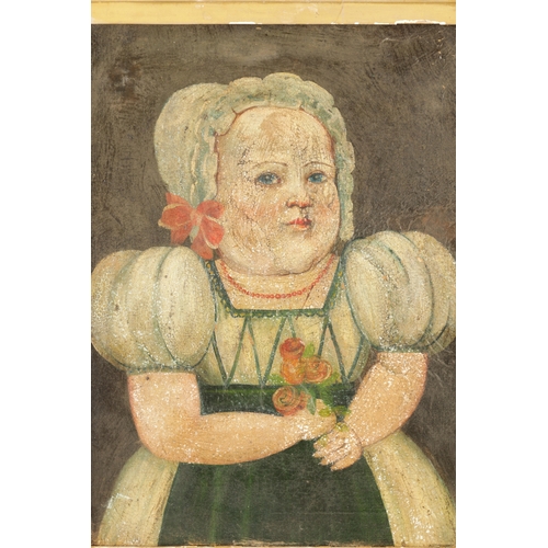 139 - A 19TH / 18TH CENTURY PRIMITIVE OIL ON CANVAS of a young child - mounted in a bird's eye marble fram... 