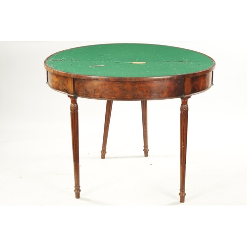 143 - A LATE 18TH CENTURY DEMI LUNE CARD TABLE ON FLUTED LEGS IN THE MANNER OF GILLOWS with cross-banded t... 