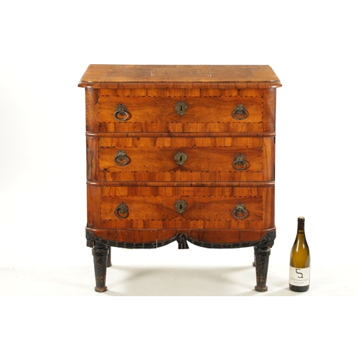 146 - AN EARLY 18TH CENTURY ITALIAN OLIVE WOOD AND WALNUT CHEST OF DRAWERS with geometric inlaid designs; ... 