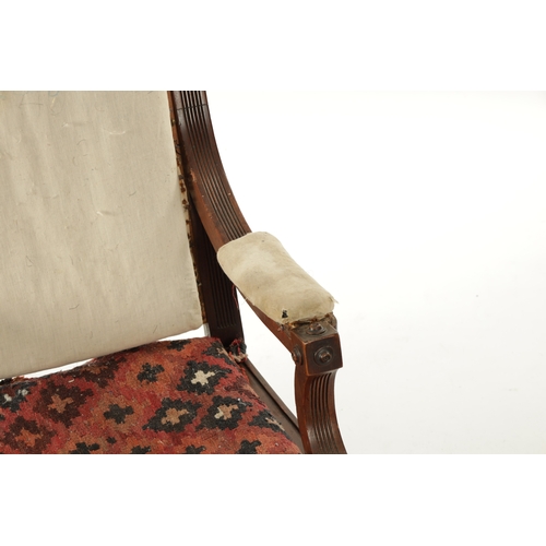 149 - A WILLIAM IV MAHOGANY UPHOLSTERED LIBRARY CHAIR IN THE MANNER OF MARSH AND TATHAM with fluted sides ... 