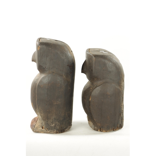 158 - AN UNUSUAL PAIR OF ANTIQUE CARVED WOOD NATIVE FIGURES OF OWLS (49cm high and 43cm high)