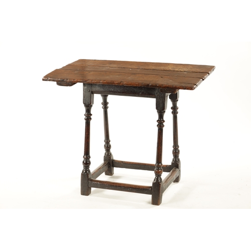 16 - A LATE 17TH CENTURY OAK RECTANGULAR SMALL TABLE having superb colour and patination, the plank top a... 