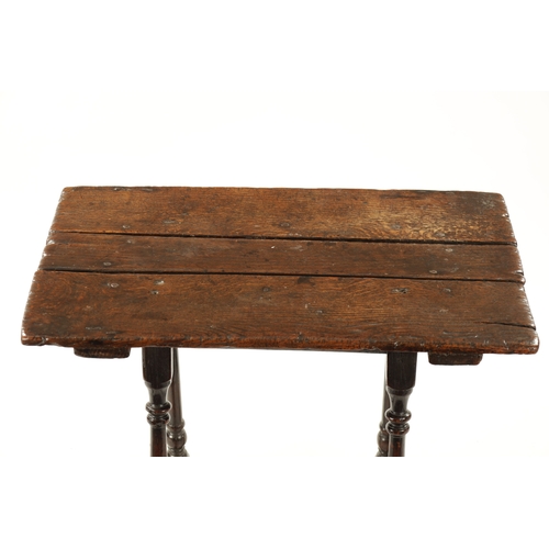 16 - A LATE 17TH CENTURY OAK RECTANGULAR SMALL TABLE having superb colour and patination, the plank top a... 