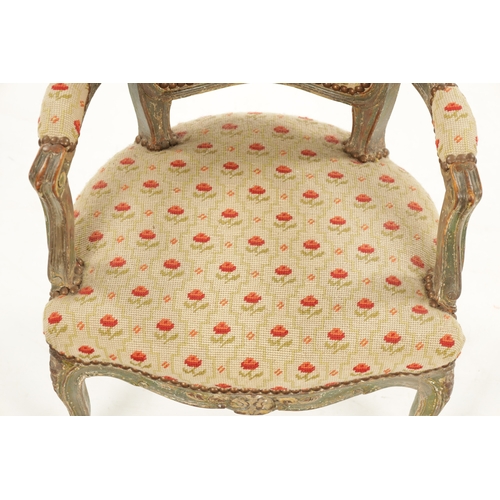 164 - A LATE 18TH CENTURY CARVED PAINTED WOOD LOUIS XVI STYLE CHILD’S CHAIR with tapestry seat (45cm wide ... 