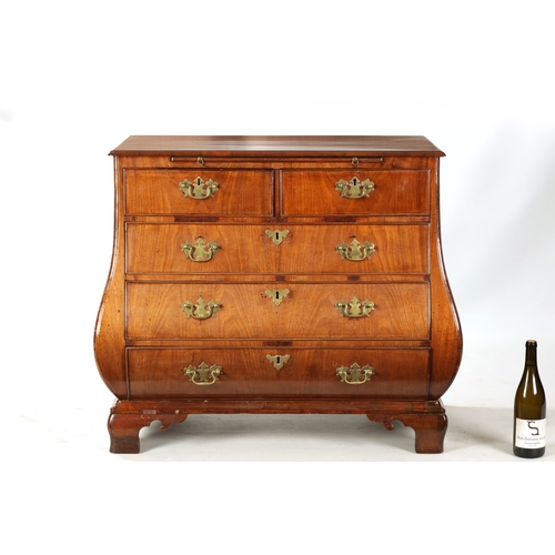 169 - AN 18TH CENTURY FIGURED MAHOGANY BOMBE SHAPED CHEST OF DRAWERS with brushing slide above two small a... 