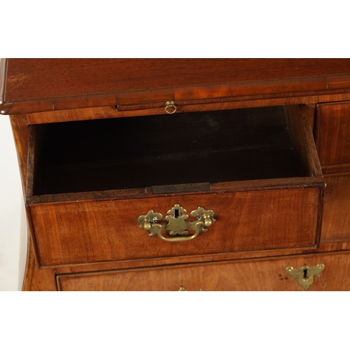 169 - AN 18TH CENTURY FIGURED MAHOGANY BOMBE SHAPED CHEST OF DRAWERS with brushing slide above two small a... 