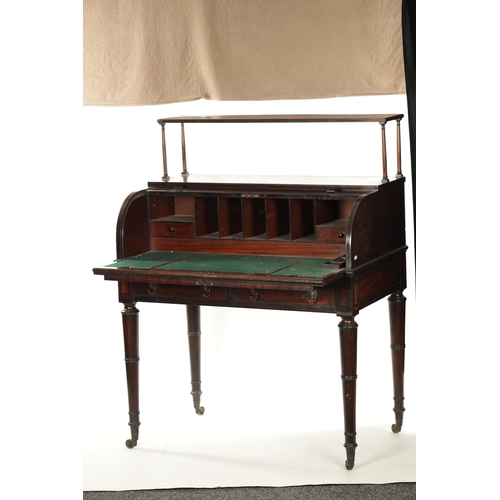 171 - A REGENCY FIGURED MAHOGANY AND EBONY STRUNG TAMBOUR FRONT CYLINDER DESK with raised top section abov... 