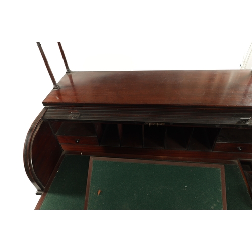 171 - A REGENCY FIGURED MAHOGANY AND EBONY STRUNG TAMBOUR FRONT CYLINDER DESK with raised top section abov... 