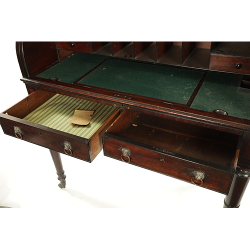 171 - A REGENCY FIGURED MAHOGANY AND EBONY STRUNG TAMBOUR FRONT CYLINDER DESK with raised top section abov... 