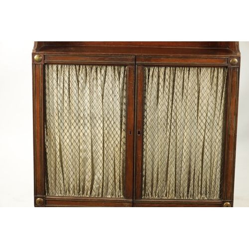 172 - A REGENCY MAHOGANY BRASS INLAID SIDE CABINET the marble top above open shelves and hinged doors, fit... 