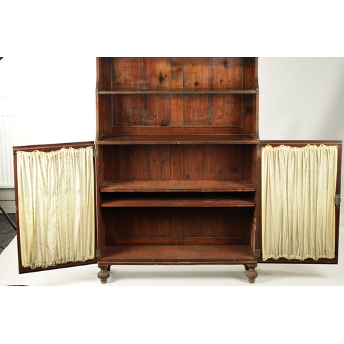 172 - A REGENCY MAHOGANY BRASS INLAID SIDE CABINET the marble top above open shelves and hinged doors, fit... 