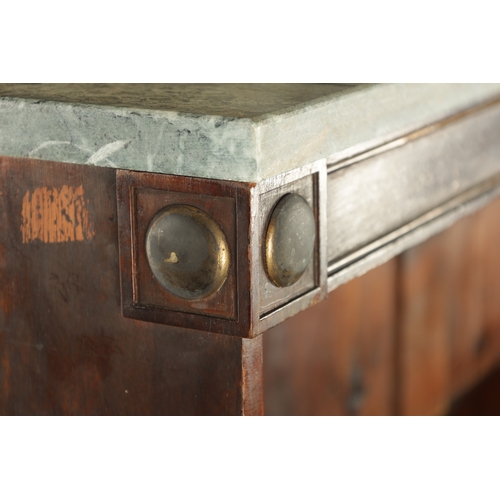 172 - A REGENCY MAHOGANY BRASS INLAID SIDE CABINET the marble top above open shelves and hinged doors, fit... 