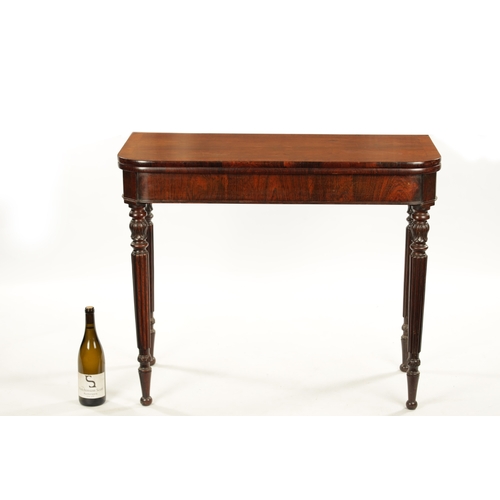 175 - A REGENCY ROSEWOOD TEA TABLE IN THE MANNER OF GILLOWS with crossbanded top; raised on tapering leaf ... 