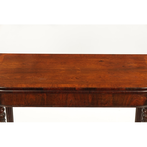 175 - A REGENCY ROSEWOOD TEA TABLE IN THE MANNER OF GILLOWS with crossbanded top; raised on tapering leaf ... 