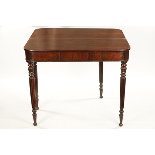 175 - A REGENCY ROSEWOOD TEA TABLE IN THE MANNER OF GILLOWS with crossbanded top; raised on tapering leaf ... 