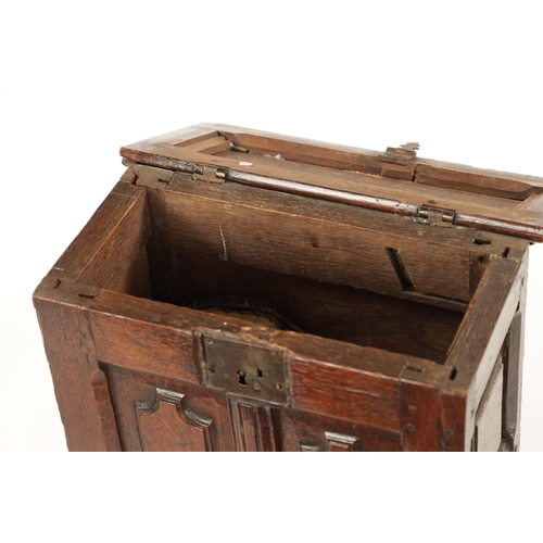 177 - A RARE 17TH CENTURY MINIATURE OAK COFFER with cross-banded moulded top above a double-panelled shape... 