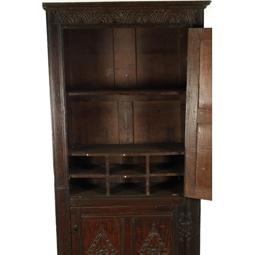 189 - A RARE LATE 17TH CENTURY JOINED OAK WESTMORLAND TALL TWO DOOR SIDE CABINET with arcaded carved top r... 