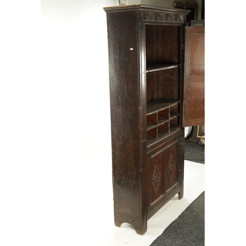 189 - A RARE LATE 17TH CENTURY JOINED OAK WESTMORLAND TALL TWO DOOR SIDE CABINET with arcaded carved top r... 