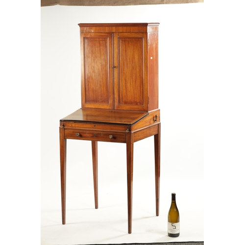 191 - A SMALL LATE 18TH CENTURY FIGURED ROSEWOOD AND TULIPWOOD BANDED BONHEUR DE JOUR the cupboarded top a... 