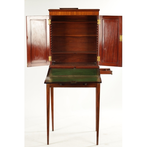 191 - A SMALL LATE 18TH CENTURY FIGURED ROSEWOOD AND TULIPWOOD BANDED BONHEUR DE JOUR the cupboarded top a... 