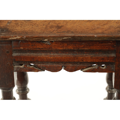 192 - A 17TH CENTURY OAK JOINT STOOL with chip carved pegged top above a shaped frieze and ring turned leg... 