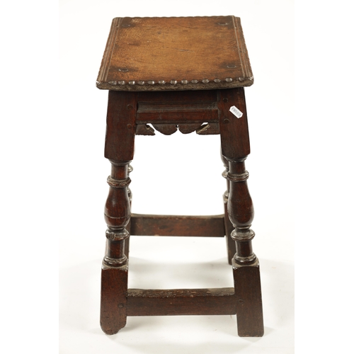 192 - A 17TH CENTURY OAK JOINT STOOL with chip carved pegged top above a shaped frieze and ring turned leg... 