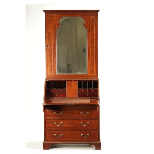 193 - A SMALL EARLY GEORGE III MAHOGANY BUREAU BOOKCASE with bevelled mirror top flanked by inlaid side pa... 