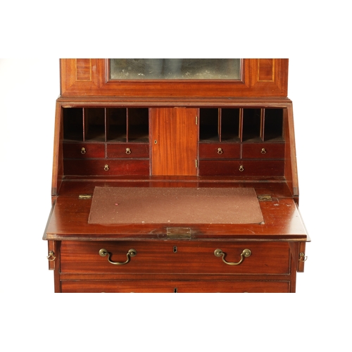 193 - A SMALL EARLY GEORGE III MAHOGANY BUREAU BOOKCASE with bevelled mirror top flanked by inlaid side pa... 