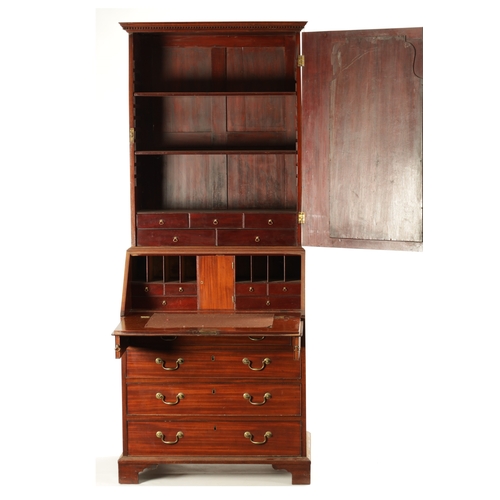 193 - A SMALL EARLY GEORGE III MAHOGANY BUREAU BOOKCASE with bevelled mirror top flanked by inlaid side pa... 