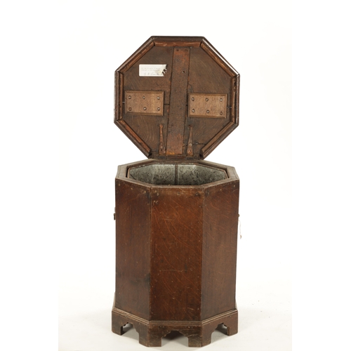 200 - A QUEEN ANNE OCTAGONAL OAK AND WALNUT CROSS-BANDED CLOSE STOOL with hinged top and side handles (51c... 