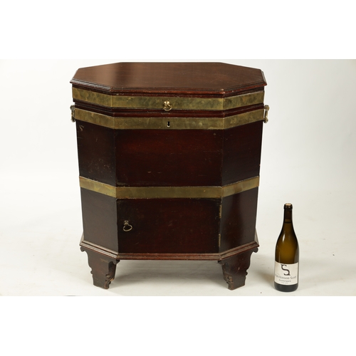 209 - A RARE GEORGE III MAHOGANY OCTAGONAL TOP BRASS BOUND WINE COOLER with cupboard base and shaped brack... 