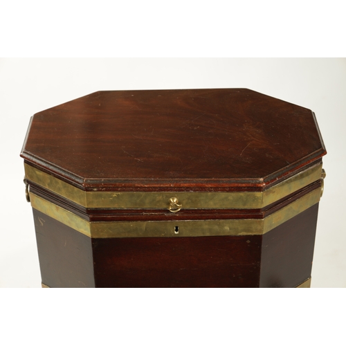 209 - A RARE GEORGE III MAHOGANY OCTAGONAL TOP BRASS BOUND WINE COOLER with cupboard base and shaped brack... 