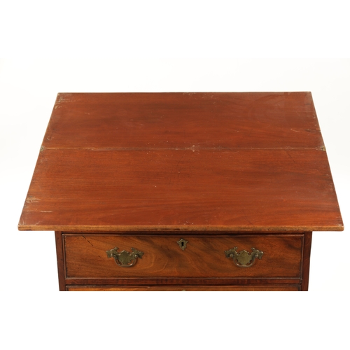 21 - A SMALL GEROGE III FIGURED MAHOGANY BACHELORS CHEST with fold over top above a bank of four drawers ... 