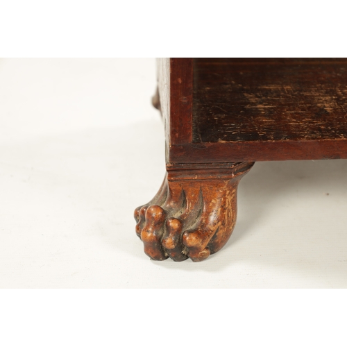 211 - A SMALL REGENCY SIMULATED MAHOGANY STEPPED OPEN BOOKCASE with scrollwork brackets; raised on claw fe... 