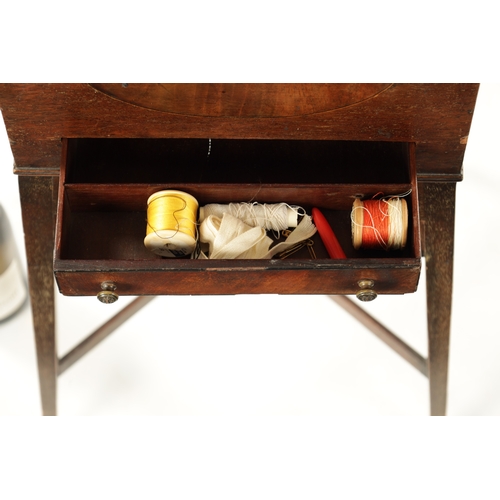 214 - A REGENCY MAHOGANY TAMBOUR TOP SEWING BOX ON STAND with folding handle and frieze drawer; raised on ... 