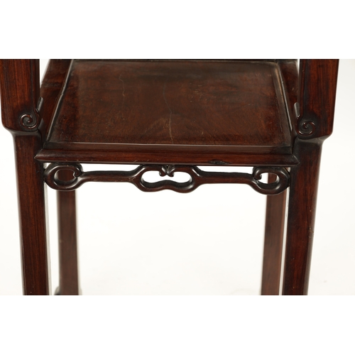 215 - A 19TH CENTURY CHINESE HARDWOOD JARDINIERE STAND with inset white marble top. (43cm square 81cm high... 