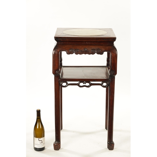 215 - A 19TH CENTURY CHINESE HARDWOOD JARDINIERE STAND with inset white marble top. (43cm square 81cm high... 